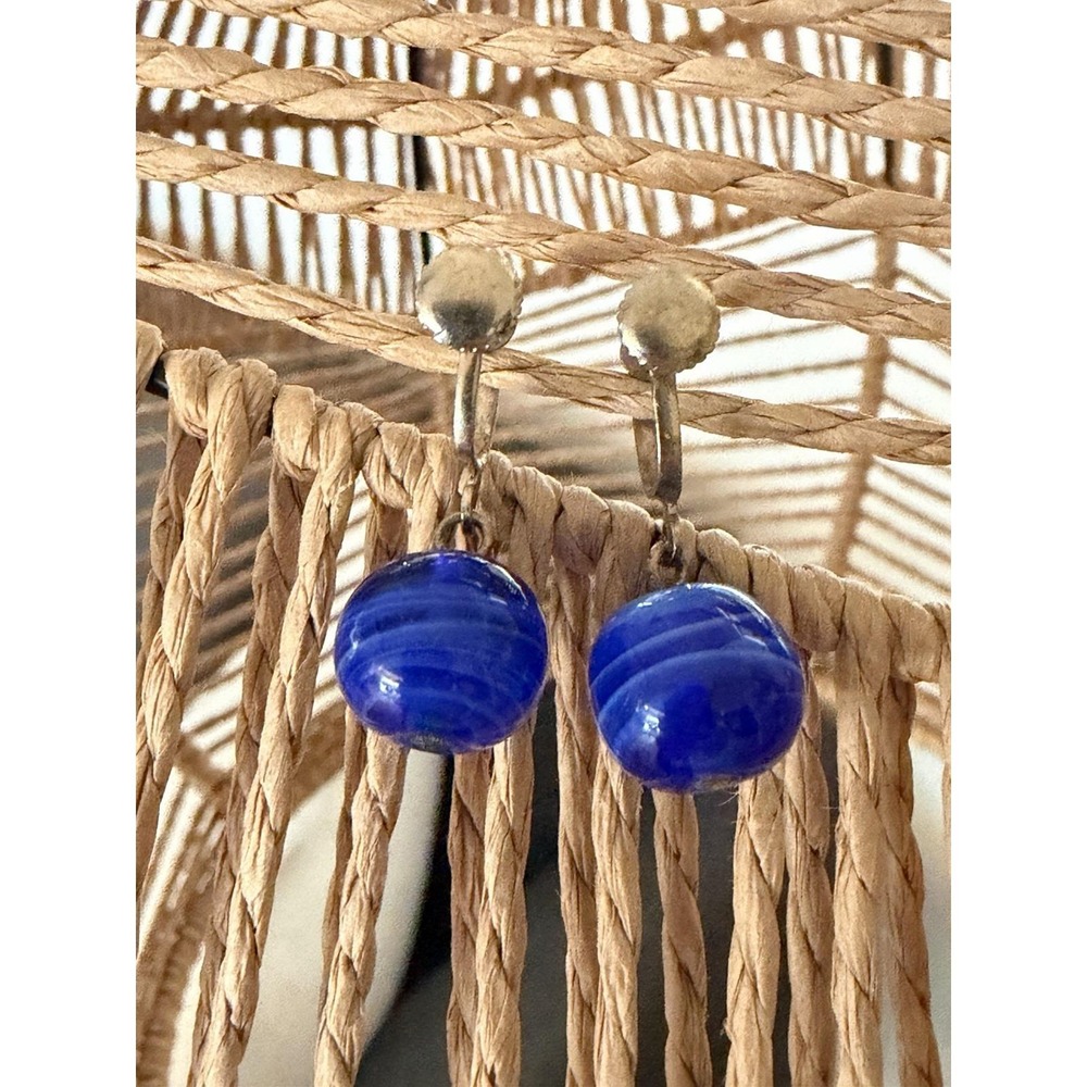 VTG 1950s Cobalt Blue Striped Art Glass Bead Screwback Dangle Earrings 1"